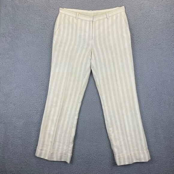 Lafayette 148 Womens Pants 100% Linen Cropped Lined Cuffed Cream Tan Striped 4 - Picture 1 of 11